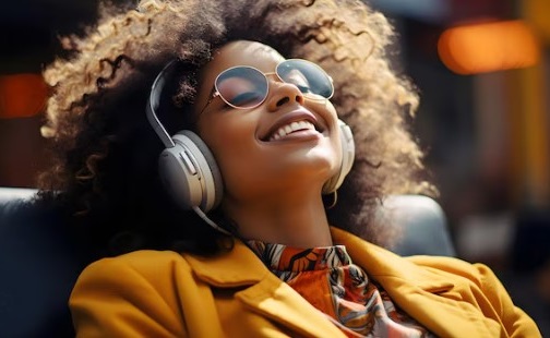 African woman listening to music with a headphone in the morning.